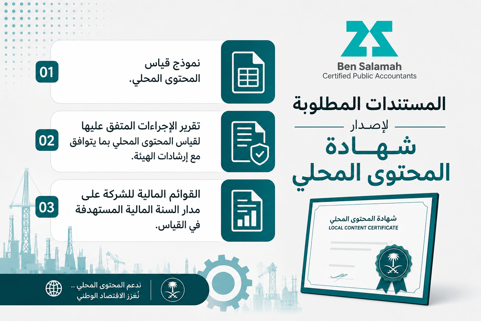 كيفية استخراج شهادة المحتوى المحلي في السعودية | الشروط والخطوات خدمات مكتب بن سلمه لاستخراج شهادة المحتوى المحلي